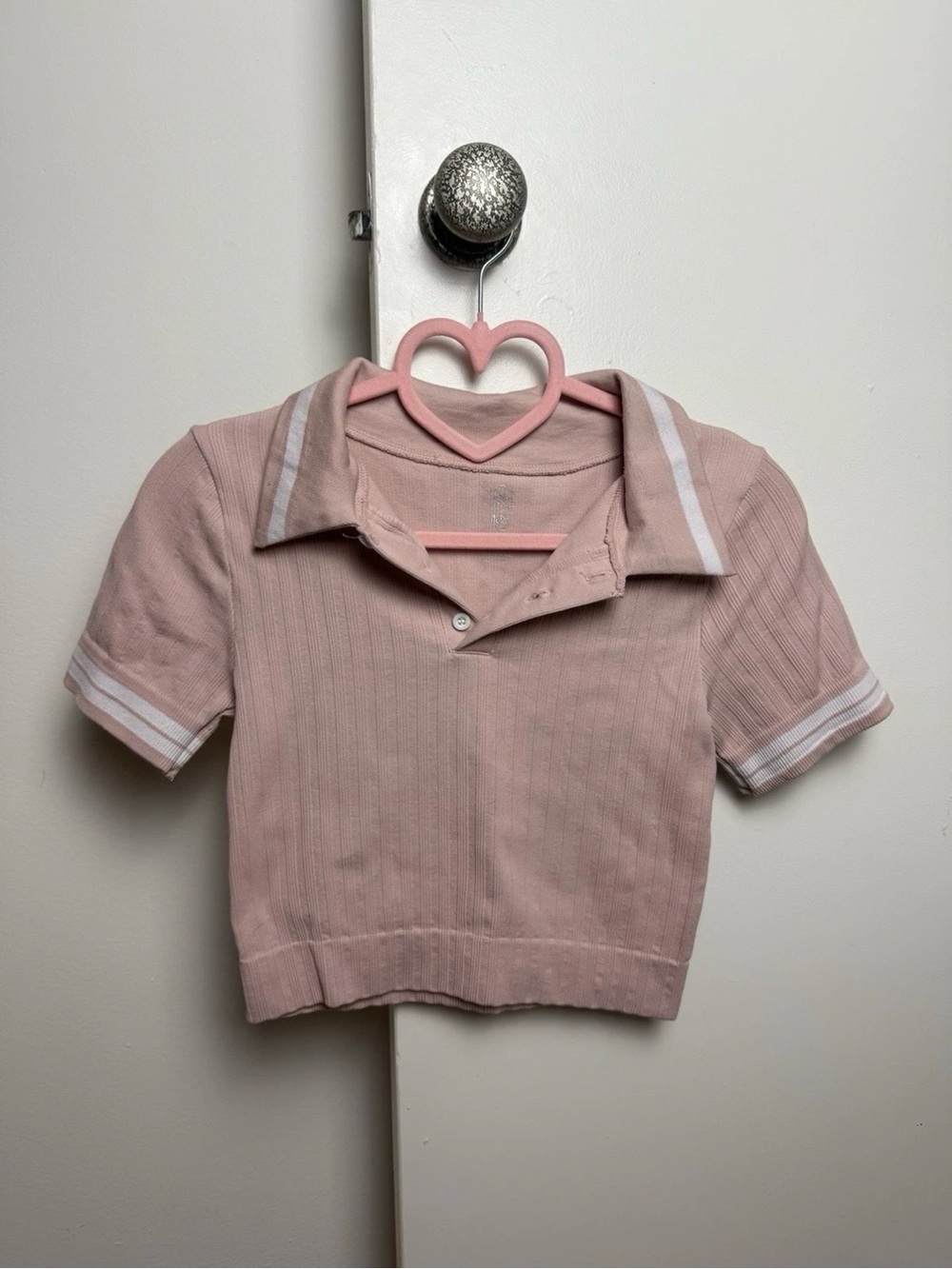 Aura Pink Ribbed Polo Crop Top with White Trim